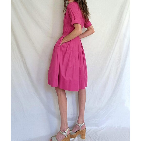 1950s Vintage Shirtwaist Dress: Hot Pink Pleated Cotton Day Dress, Womens - Picture 4 of 13